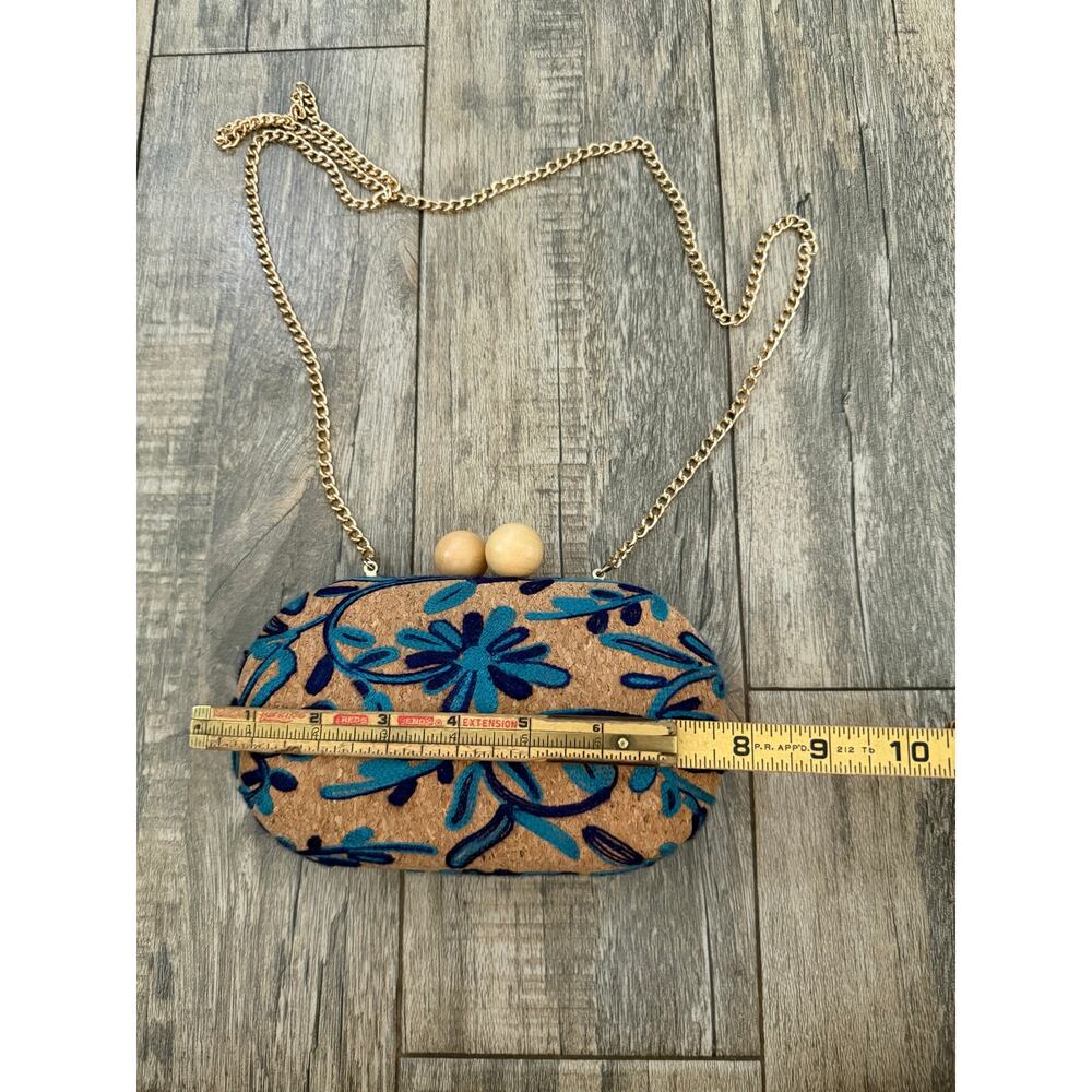 Vintage Cork Clutch Bag Tan Blue Floral Embroidered Kiss Lock Chain Strap - Picture 2 of 8